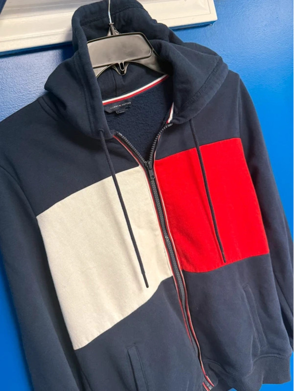 Tommy Hilfiger Mens Medium Navy Blue Colorblock Big Flag Full Zip Hoodie